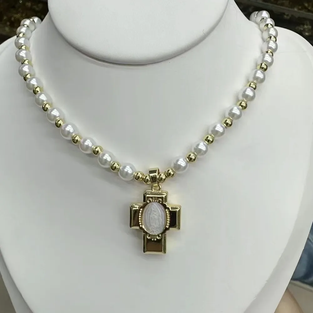 Exquisite Jungfrau Maria weißer Zirkon Stern Herz Anhänger Tonnen Goldperlen Perlenkette Halskette 24K gold plattiert Halskette Schmuck