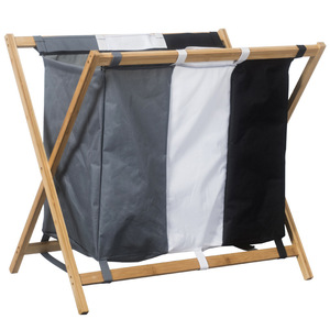 <b>Collapsible</b> Bamboo Frame Laundry Basket 3 Compartment Oxford Fabric Foldable <b>Storage</b> Organizer for Clothing - Product Image 5