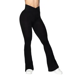 Gran oferta 2024, mallas acampanadas de nailon 80 20 Spandex para mujer, cintura cruzada, Control de barriga, cintura alta, pantalones de Yoga de pierna ancha, medias