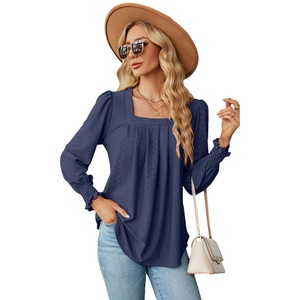 Autunno donna 3D Jacquard t-shirt Design popolare collo quadrato ampia manica lunga con perline camicetta Casual per le signore ragazze - Product Image 3