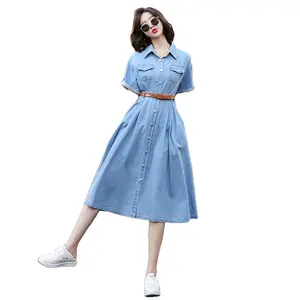 Wholesale Sky Blue Casual Women Ladies Long Sleeve Oversized Loose Shirt Jean Denim Dress
