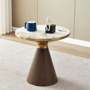 Elegante Mesa Auxiliar de Mármol con Ribete Dorado, Base Cónica de Madera, Mesa de Centro para Apartamento - Product Image 3