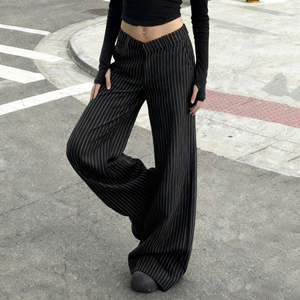 Women Striped Wide Leg <b>Pants</b> High Waist V Waist Slimming Office Lady Trousers Chic Streetwear - Product Image 5