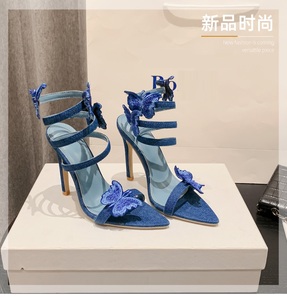 รองเท้าส้นสูงแบบสวมปลายแหลม ดีไซน์หรูหราและเซ็กซี่ ปี 2025 สำหรับผู้หญิง ทำจากผ้ายีนส์ สายรัดข้อเท้าแบบไขว้ เหมาะสำหรับงานปาร์ตี้ - Product Image 6