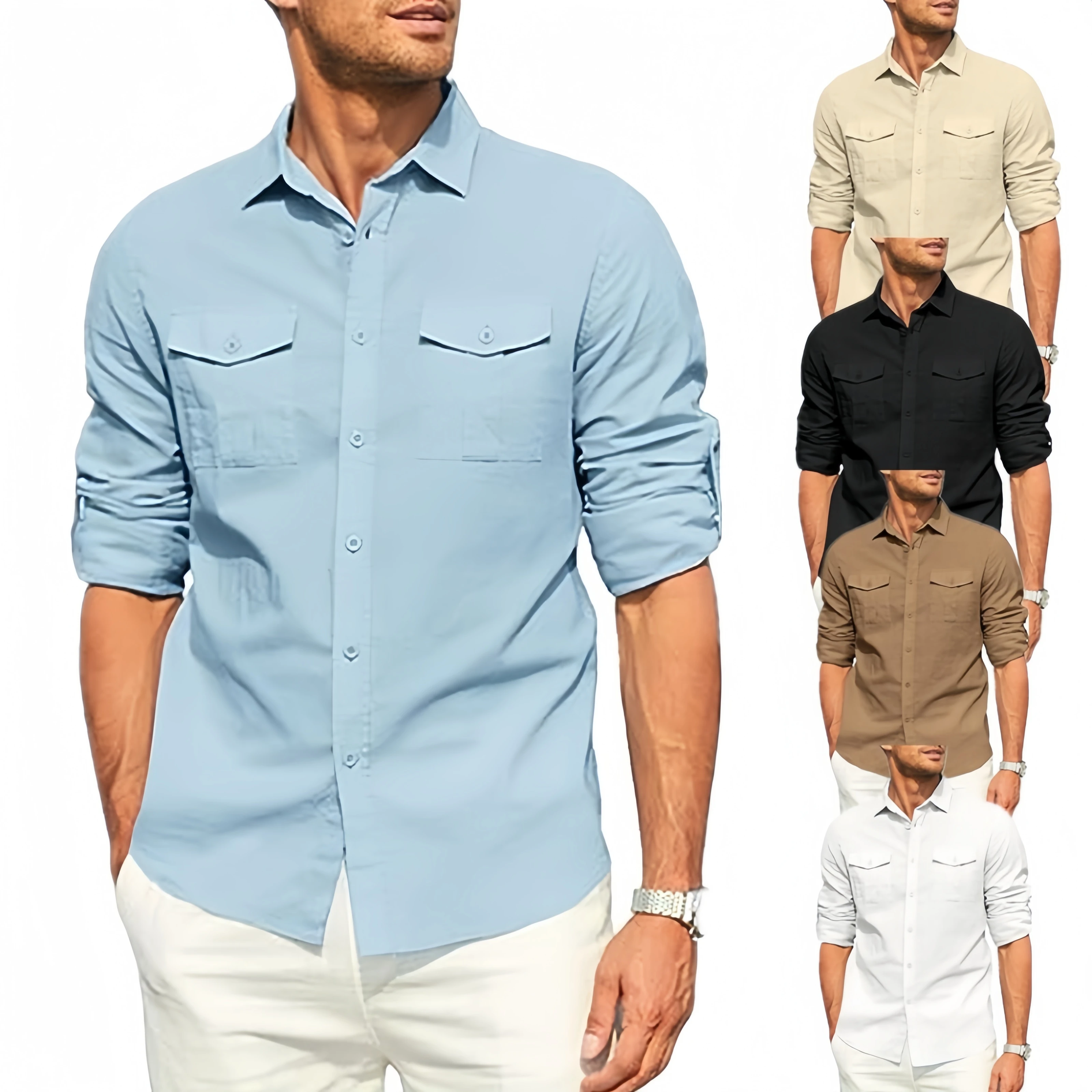 Mens Casual Button Down Linen Shit Solid Colo, Oll-up