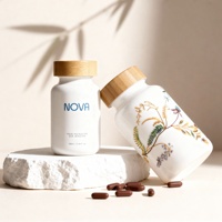 Impression d'étiquettes adhésives, flacon en verre opaque blanc pour vitamines, 200 ml, 150 ml, 120 ml, 100 ml, flacon à large ouverture pour capsules et pilules avec bouchon en bambou