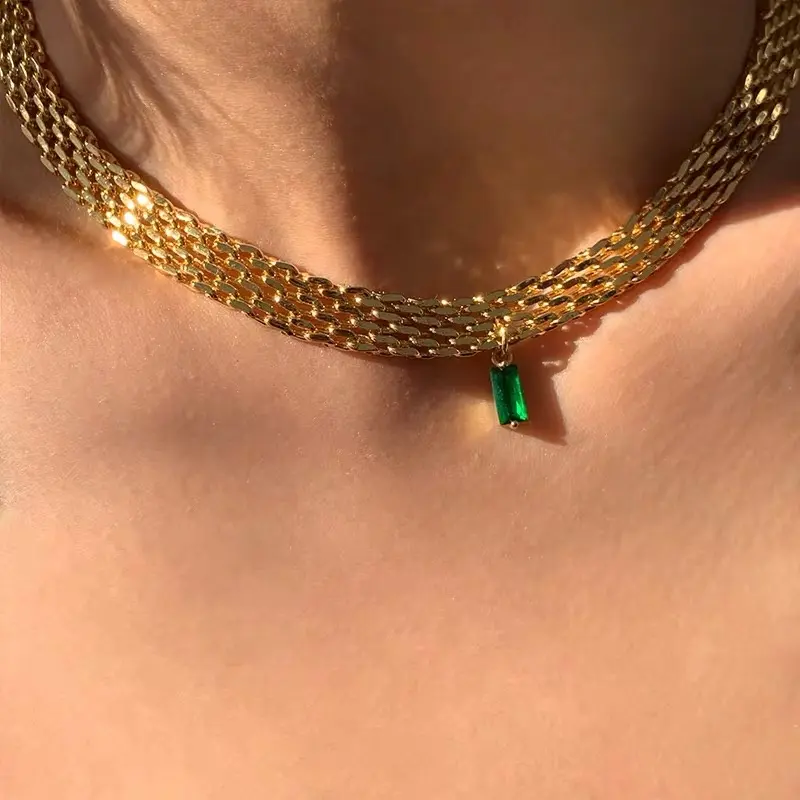 Drop Shipping Girl Statement Necklace 18k Gold Plated Vintage Rayon Mesh Choker Green Zircon Clavicle Steel Chain Necklace