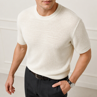 T-shirt en maille gaufrée personnalisé pour homme, col rond, rose poudré, anti-plis, manches courtes, décontracté pour l'été
