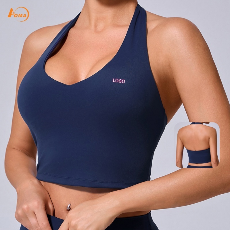 Aoyema Sportswear Women Shockproof Running Fitness Yoga Vest with Halter Neck Slimming Quick-drying Tight-fitting Sports Bra