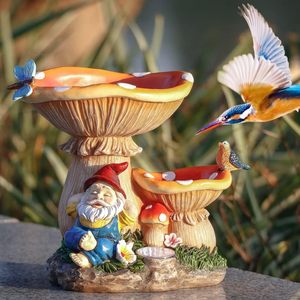 Gnome nain champignon lumière solaire mangeoire de bain d'oiseau ornements de jardin résine étanche - Product Image 5