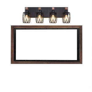 Applique murale industrielle vintage 4 lumières en fer et noyer, 24 pouces, avec cage noire, pour salle de bain - Product Image 1