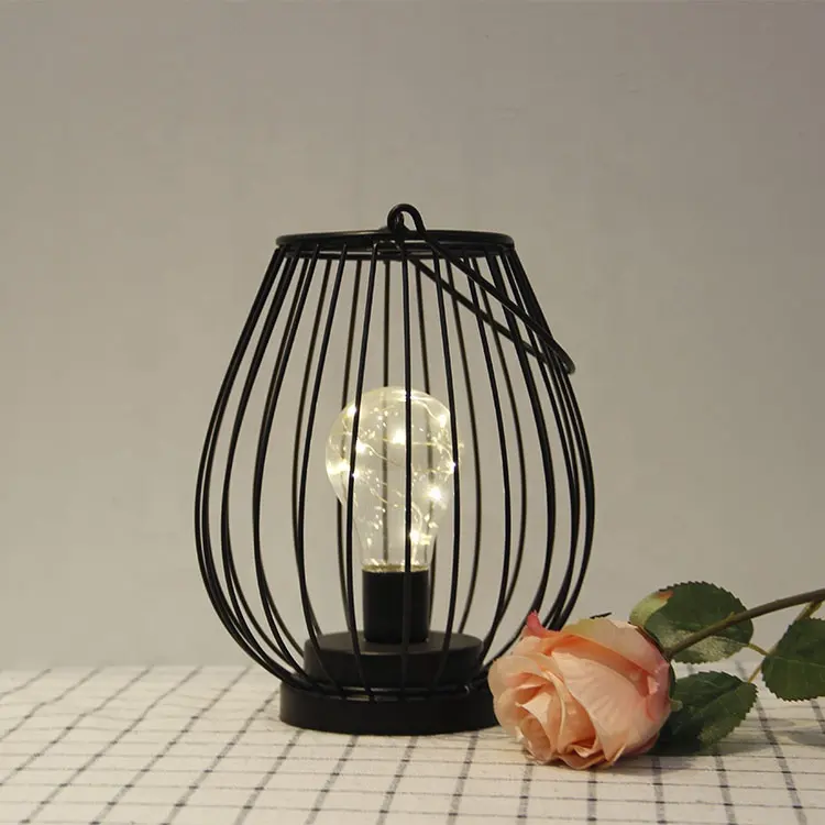 IRON HANGING LANTERN WITH BULB, 10 LED COPPER WIRE STRING LIGHTS INSIDE