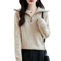Shengrui Damen-Pullover mit Umlegekragen aus 100% Reiner Wolle, Lässig, Knitterfrei, für Herbst und Winter, Locker Geschnitten, Verdickt, Gestricktes Innenfutter