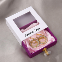 Boîte à bijoux en carton carrée avec logo personnalisé, avec fenêtre en PVC, pour collier, boucles d'oreilles, bracelet, rangement, poignée en cristal, 9*9*3cm