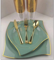 Service de Vaisselle Blanc et Or 350 Pièces pour 50 Invités, Assiettes en Plastique Vertes, 50 Couverts, Tasses, Serviettes en Papier pour Fête Mariage