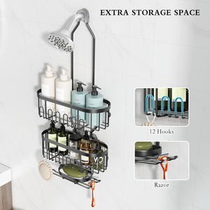Étagère murale 3 niveaux avec crochets 5-en-1 réglable, antirouille, pour salle de bain, rangement serviettes, shampoing, savon, support de douche suspendu - Product Image 3