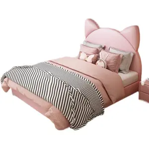 Mooi Ontwerp Schattige Stijl Kinderkamermeubilair Cartoon Konijn Meisjesbed Leren Kinderbedset Massief Houten Frame Kinderbedden