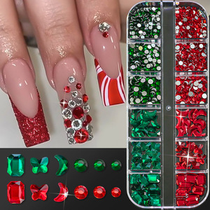 Décorations d'ongles de Noël tendance : 12 compartiments, ornements verts et rouges, strass pour ongles, breloques de dessin animé, accessoires - Product Image 3