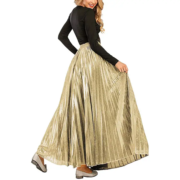 High Quality Fashion Plus Size Women Skirts Party Prom Skirt Premium Metallic Shiny Shimmer Accordion Pleated Long Maxi Skirts