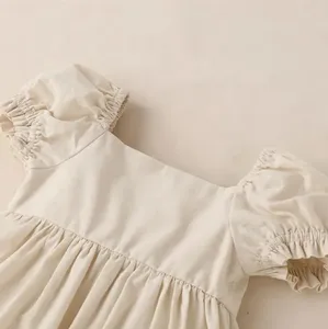 Vestido infantil de princesa de manga curta de algodão e linho em cor sólida para meninas, vestido de verão mais vendido