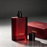 Vente en gros de flacons de parfum carrés transparents en verre rouge foncé mat avec bouchon pulvérisateur noir, boîte cadeau de luxe personnalisée imprimée bordeaux