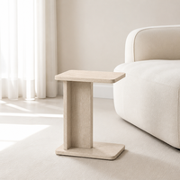 Table d'appoint moderne en noyer et travertin noir avec support central ouvert et étagère inférieure pour chambre, salon, canapé, chevet, décoration intérieure