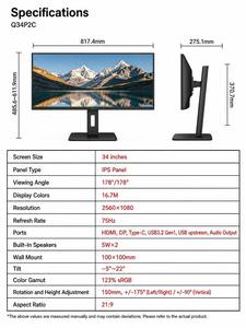 Monitor de Oficina Ultrapanorámico Q34P2C con Resolución <span class=keywords><strong>2560x1080</strong></span>, Pantalla IPS de 75Hz, PBP, PIP, KVM, USB C, Carga de 65W y Soporte BT - Product Image 6