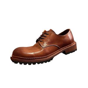 Chaussures habillées décontractées pour hommes en cuir véritable marron, style rétro, à lacets, faites à la main, à talon épais, antidérapantes et confortables pour l'hiver - Product Image 4