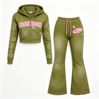 Ensemble de survêtement deux pièces pour femme, comprenant une veste à capuche délavée à l'acide et un pantalon évasé, à manches longues, style streetwear décontracté Xuanzhige