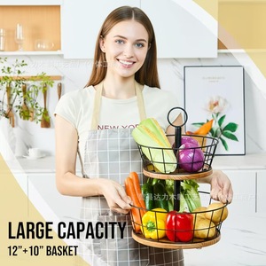 Double Layer Iron <b>Storage</b> <b>Basket</b> 12+10 Inch <b>Large</b> Capacity Kitchen Fruit Vegetable Holder Round Standing Type - Product Image 1