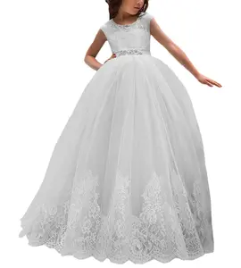 7035D nuevo encaje sin mangas de cintura alta flor vestido para niños rendimiento cumpleaños princesa vestido escalfado