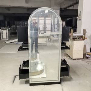 Miroir de salon de coiffure portable grand format, miroir mural rond double face avec tiroirs - Product Image 1