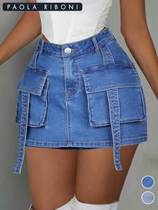 Mini-jupe en jean taille haute pour femme, style cargo avec grandes poches, coupe slim, volants et micro-ceinture, tendance été sexy - Product Image 2