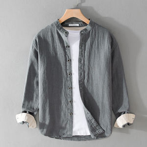 Nuovo elegante tessuto <span class=keywords><strong>di</strong></span> <span class=keywords><strong>lino</strong></span> e cotone a maniche lunghe con colletto ribassato tinta unita ODM & OEM Chemise Homme En Lin Et Coton Man Shirt - Product Image 4