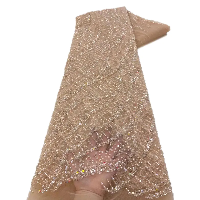 NI.AI gaun payet mutiara renda manik-manik mode baru kain renda jaring renda garis payet bordir untuk gaun