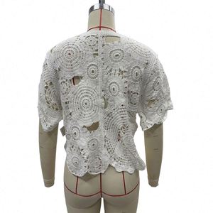 <span class=keywords><strong>Cardigan</strong></span> court élégant en <span class=keywords><strong>maille</strong></span> ajourée pour femme, tricoté en dentelle, crochet floral, demi-manches, devant ouvert, collection 2026 - Product Image 3