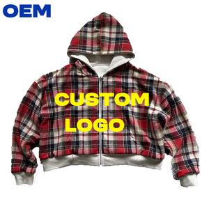 Sweat-shirts et sweats à capuche décontractés pour hommes OEM Streetwear 550GSM en molleton 100% coton avec patchs à carreaux, logo personnalisé et fermeture éclair intégrale <span class=keywords><strong>double</strong></span>. - Product Image 1