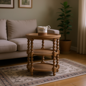 Table d'appoint ronde à 3 niveaux en bois de chêne finition naturelle, table console pour salon, design traditionnel, apparence moderne - Product Image 2