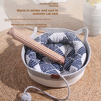 Lit pour chat en coton fait main écologique, pliable, résistant aux griffures, motif à carreaux/poissons, maison intégrée pour chat, nid pour animaux errants, intérieur