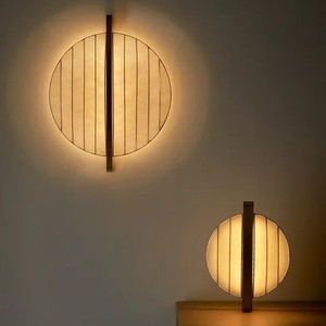 <b>Round</b> Wall Lamp Minimalist Japanese Style Wood LED Light Source E27 Bulb Base Switch Control For Living Room <b>Bedside</b> - Product Image 1