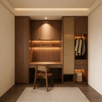 Armoire moderne avec porte en rotin et tiroirs LED, placard de chambre en bois de noyer pour projet sur mesure