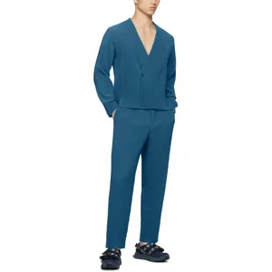 Blazers de traje plisados informales para hombre, chaquetas sin cuello con diseño de un solo botón, chaqueta deportiva de moda para hombre, ropa