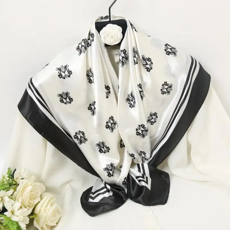 Custom Logo 2021 Fashion Women Silk Scarf Square Black and White Print Satin Silk Head Hijab Scarves 90x90