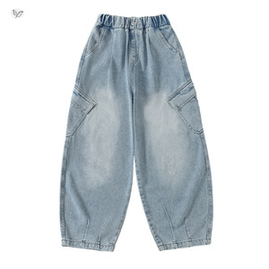 <strong>Girls</strong>' Workwear Denim Jeans 2026 Spring New Style Older Kids' Big Pocket Cut-Out Washed High Waist Casual Wide-Leg <strong>Trousers</strong> - Product Image 4
