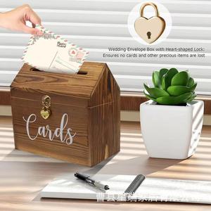 Wooden <b>Wedding</b> <b>Card</b> <b>Box</b> With Heart Lock Rectangular Storage <b>Box</b> For Home Desktop Use - Product Image 1