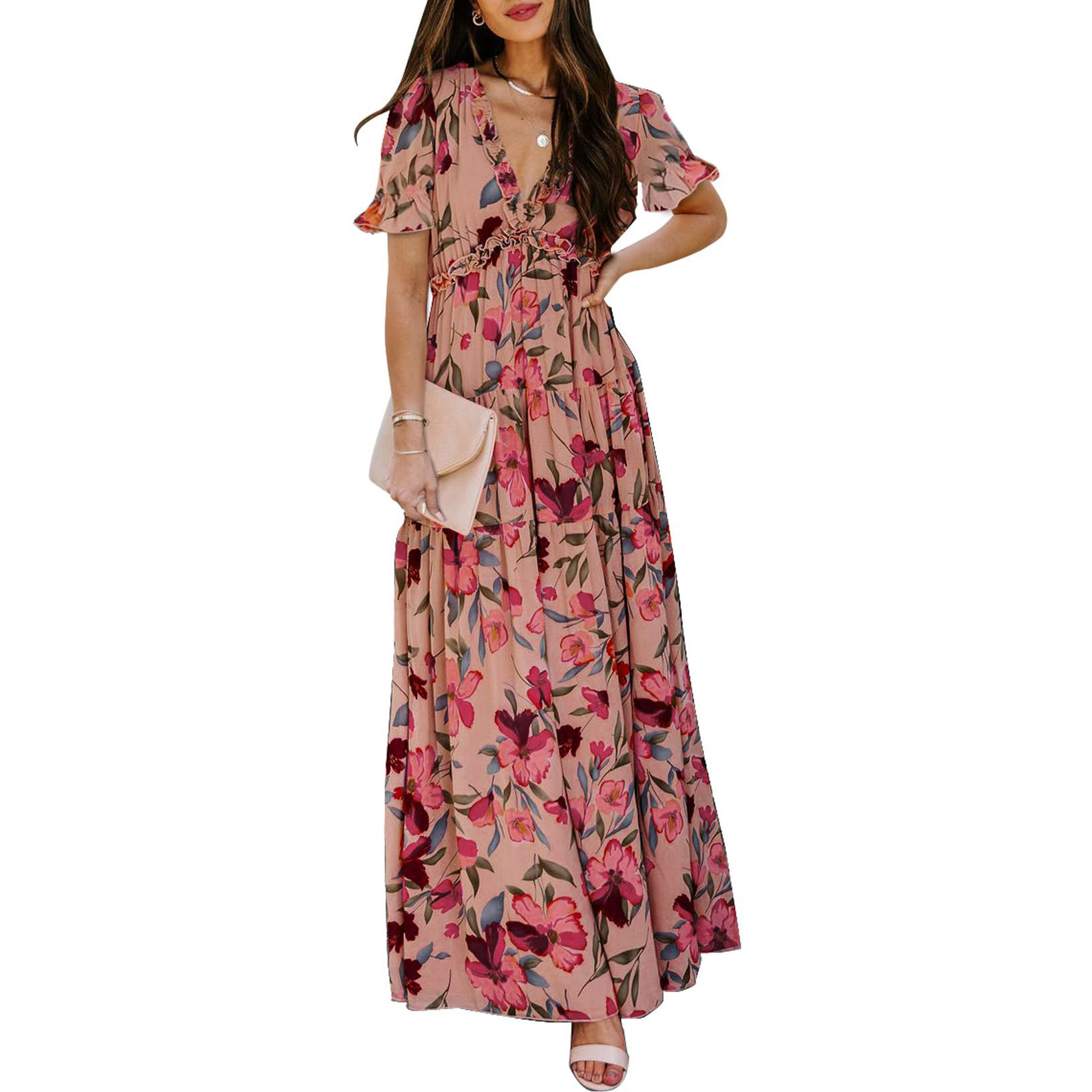 Aschulman Custom Summer Womens Casual Ruffle Boho V Neck Loose Short Sleeve Long Dress Ruched Maxi Floral Digital Print Dresses