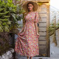 Elegan Baru Wanita Panjang Bermotif Bunga Gaun Kasual Aprikot O-Leher Lengan Pendek Urban Maxi Dress Fashion Gadis Manis Gaun Midi