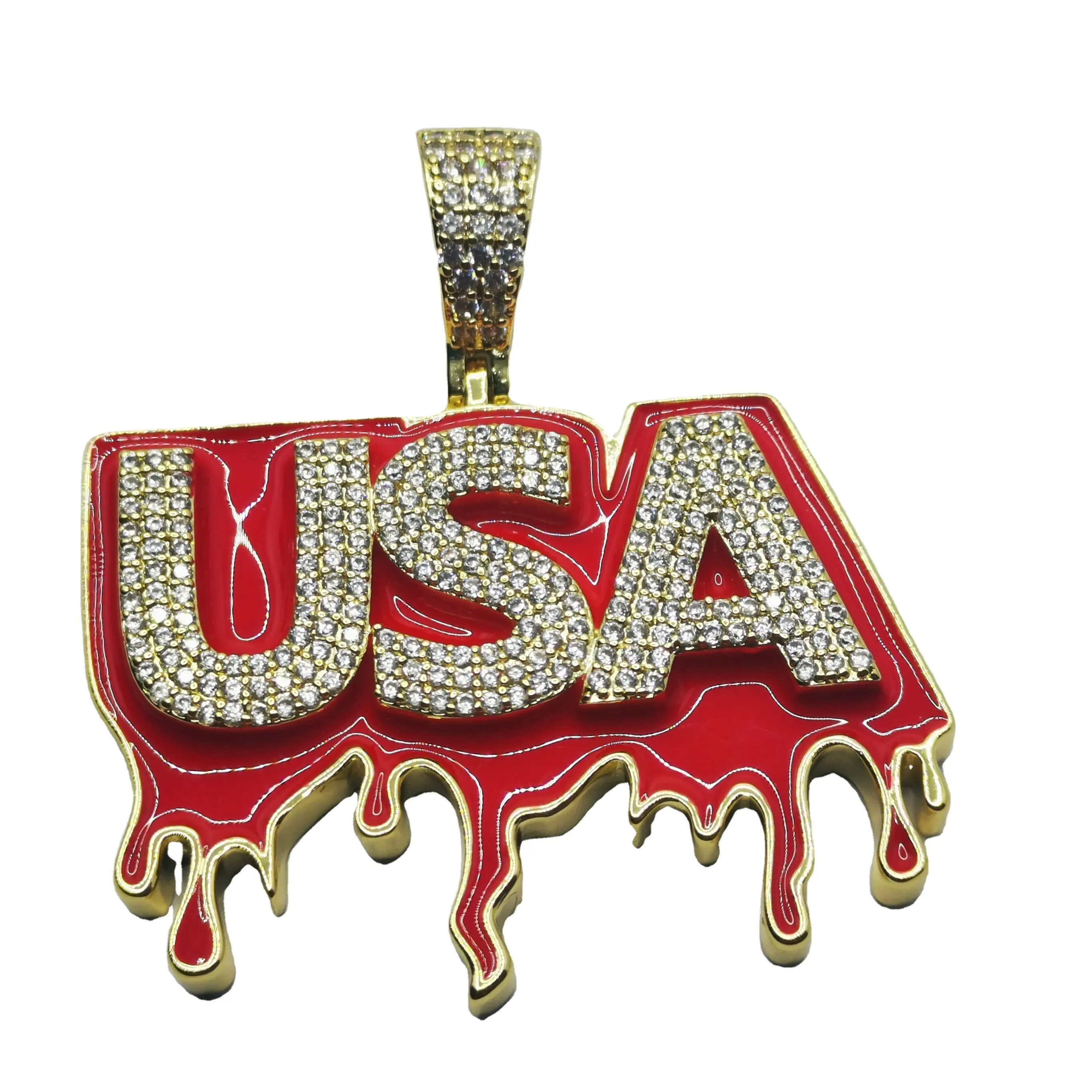 Vente en gros de haute qualité plaqué or 14 carats pour hommes Hiphop 27mm de hauteur entièrement glacé USA avec pendentif émail rouge dégoulinant