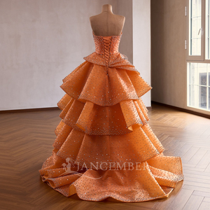 Robe de soirée personnalisable RSM261039 orange, bustier, avec appliques, sequins, perles superposées, dos lacé, en mousseline, coupe naturelle - Product Image 3