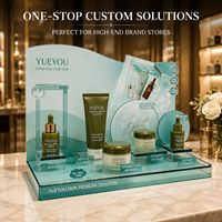 Présentoir de Comptoir Multi-Niveaux en Acrylique Transparent Teal Écologique à Montage Facile pour Soins de la Peau avec Fond Personnalisé Imprimé UV